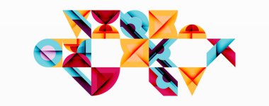 Soyut geometrik şekiller, canlı renkler, üst üste binen formlar dinamik bileşim oluşturur. Minimalist tasarım, modern estetik.