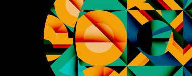 Soyut geometrik bileşim. Canlı renkler karışıyor, dinamik şekiller yaratıyor. Modern tasarım enerjiyi, hareketi, görsel ilgiyi çağrıştırıyor.