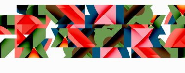 Soyut geometrik şekiller, canlı renkler, bileşim dinamik görsel desen yaratır. Minimalist tasarım, modern estetik.