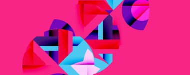Soyut geometrik şekiller örtüşür ve canlı bir bileşim yaratır. Pembe arka plan mavi, mor ve kırmızı formları vurgular. Modern tasarım.