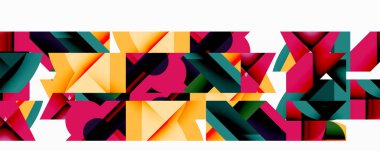 Soyut geometrik şekiller örtüşür, canlı renkli desenler yaratır. Kalın tasarım keskin açılar, zıt renkler içerir.