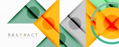 Geometrik şekiller üst üste binerek modern soyut tasarım yaratır. Turuncu, gri, yeşil renkler kompozisyona hakim. Minimalist estetik.