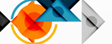 Soyut geometrik bileşim. Çemberler, üçgenler, kareler üst üste binerek dinamik görsel efekt yaratır. Parlak renkler nötr tonlar ile karşıtlık.