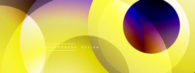 Soyut sarı arkaplan, üst üste binen daireler, gradyanlar. Modern tasarım elementleri dinamik görsel doku oluşturur. Parlak, canlı renkler kompozisyona hakim..