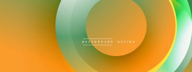 Soyut tasarım özellikleri katmanlı, şeffaf daireler. Turuncu, yeşil renkler düzgün bir şekilde harmanlanarak dinamik görsel efekt yaratır. Modern, minimalist stil.