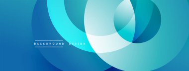 Soyut mavi tasarım, üst üste binen daireler. Gradyan gölgeler derinlik yaratır, modern estetik. Minimalist biçim, uygun arkaplan ögesi.