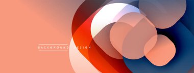 Soyut geometrik şekiller örtüşür, dinamik görsel efekt yaratır. Şeftali, kırmızı, mavi renkler kompozisyona hakim. Modern tasarım ögesi.