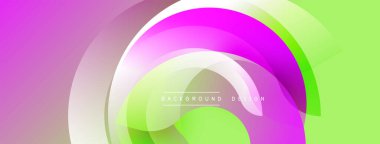 Soyut canlı katmanlar dinamik bileşim yaratır. Pembe, yeşil renkler düzgün bir şekilde harmanlanarak dairesel şekiller oluşturuyor. Modern tasarım ögesi.