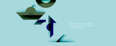 Soyut geometrik şekiller açık mavi arka planla örtüşür. Koyu gölgeler derinlik yaratır, gölgeler. Modern tasarım elementleri dinamik bileşim, görsel ilgi.