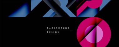 Soyut geometrik tasarım siyah arkaplan üzerinde canlı mavi, pembe gradyanlar içerir. Şekiller üçgenleri, daireler modern görsel etki yaratmayı içerir. Minimalist biçim renk karşıtlığını vurgular.