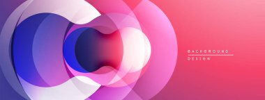 Soyut tasarım özellikleri üst üste binen daireler, gradyanlar. Renkler maviden pembeye geçerek dinamik görsel efekt yaratır. Modern, minimalist stil.