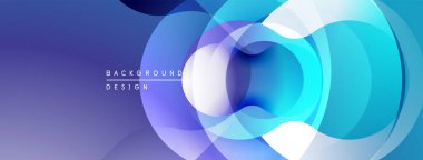 Soyut daireler örtüşüyor, parlak mavi ve mor renkler yaratıyor. Modern tasarım akıcılık, derinlik ve yenilik öneriyor. Minimalist estetik.