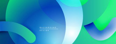 Soyut sıvı şekilleri, canlı maviler, yeşiller dinamik arkaplan oluşturur. Yumuşak eğimler, üst üste binen biçimler hareket, derinlik.