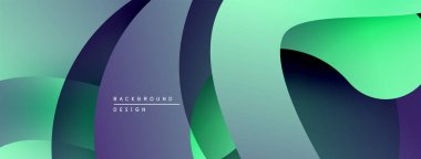 Soyut gradyanlar çakışıyor, dinamik görsel akış yaratıyor. Mor, deniz mavisi, yeşil renkler düzgün bir şekilde harmanlanır. Modern tasarım ögesi.