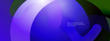 Soyut sıvı şekiller, canlı mor renkler baskın gelir. Gradyan geçişler derinlik yaratır, modern tasarım unsuru. Mevcut en küçük metin.