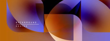 Soyut geometrik şekiller örtüşüyor, canlı renk eğimleri yaratıyor. Turuncu, mor, mavi renkler kompozisyona hakim. Modern tasarım ögesi.
