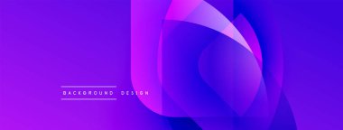 Soyut mor tasarım. Üst üste binen şekiller dinamik görsel efekt yaratır. Değişik renkler, modern estetik. Basit metin etiketleri alt merkez.