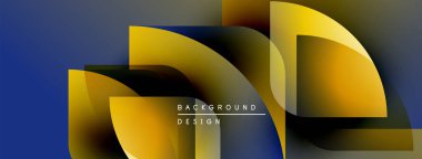 Soyut geometrik şekiller örtüşüyor, canlı renk eğimleri yaratıyor. Tasarımda altın, mavi, mor renkler yer alıyor. Modern estetik.