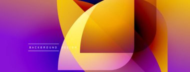Soyut renkli şekiller dinamik gradyan arkaplan oluşturur. Mor, turuncu, sarı renkler kompozisyona hakim. Modern tasarım ögesi.