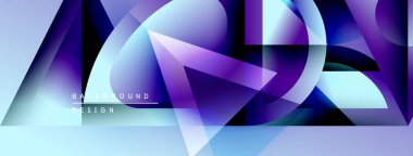 Soyut geometrik şekiller örtüşür, parlak mavi mor renkler yaratır. Metin arka plan tasarımı okur. Modern görsel kompozisyon.