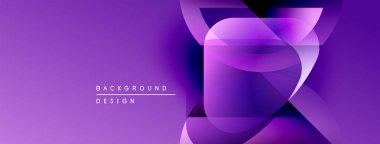Soyut mor tasarım üst üste binen geometrik şekiller içerir. Gradyan renkler dinamik görsel efekt yaratır. Modern arkaplan ögesi.