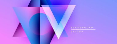 Soyut geometrik tasarım. Üst üste binen üçgenler V harfi şeklinde harf oluşturur. Gradyan mor, mavi renkler kompozisyona hakim. Modern arkaplan.