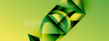 Soyut yeşil tasarım. Geometrik şekiller örtüşür, dinamik bileşim yaratır. Işık yüzeylerden yansıyarak derinlik ekler. Modern estetik.