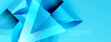 Soyut geometrik şekiller örtüşerek dinamik mavi gradyan arkaplan oluşturur. Modern tasarım elementleri yenilik ve teknoloji öneriyor.