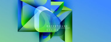 Soyut geometrik şekiller örtüşür, canlı gradyanlar yaratır. Mavi, yeşil renkler tasarıma egemen, modern estetiği çağrıştırıyor. Metin arkaplan tasarımı okur.