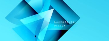 Soyut mavi geometrik şekiller örtüşür ve dinamik bir zemin oluşturur. Modern tasarım gradyan, satır, metin ögeleri içerir.