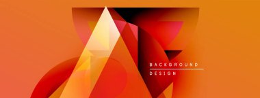 Soyut geometrik şekiller, canlı turuncu renkler tasarımda baskın. Modern arkaplan özellikleri katmanlı üçgenler, dinamik bileşim.
