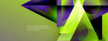 Soyut geometrik şekiller örtüşüyor, canlı yeşil, mor renkler yaratıyor. Modern tasarım elementleri dinamik görsel deneyim önerir.