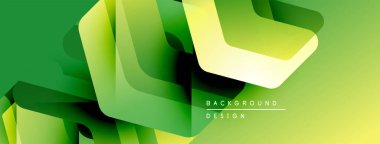 Soyut geometrik şekiller örtüşüyor, canlı yeşil, sarı renkler yaratıyor. Modern tasarım derinlik, hareket, temiz estetik.