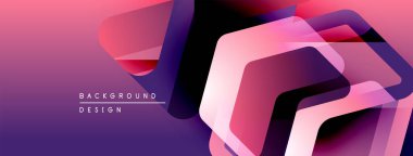 Soyut geometrik şekiller örtüşüyor, canlı mor ve pembe renkler yaratıyor. Modern tasarım teknoloji, yenilik ve enerji öneriyor.