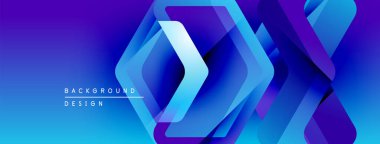 Soyut geometrik şekiller örtüşerek canlı mavi gradyan arkaplan oluşturur. Modern tasarım elementleri teknoloji ve yenilik öneriyor.