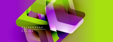 Soyut, enerjik bir arkaplan. Geometrik şekiller örtüşür, dinamik görsel efekt yaratır. Mor, yeşil renkler kompozisyona hakim. Modern tasarım ögesi.