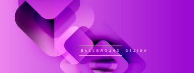 Soyut mor tasarım özellikleri üst üste binen yuvarlak kareler. Gradyan gölgeler derinlik yaratır, modern estetik. Metin arkaplan tasarımı okur.