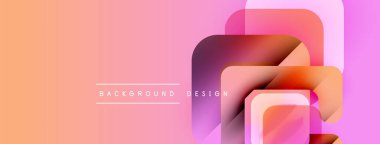 Soyut geometrik şekiller örtüşür, canlı bir gradyan arkaplan oluşturur. Şeftali, pembe renkler kompozisyona hakim. Minimalist tasarım unsurları.