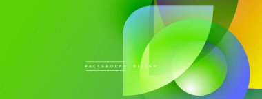 Parlak soyut bir arka plan. Üstüste binen yarı saydam şekiller dinamik görsel efekt yaratır. Yeşil baskın, turuncu, mavi aksanlı. Modern tasarım.
