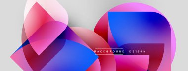 Soyut şekiller örtüşüyor, canlı renk değişimleri yaratıyor. Pembe, mavi, kırmızı renkler nötr gri arkaplana hakim. Modern tasarım ögesi.