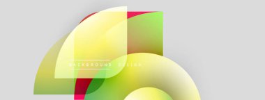 Soyut şekiller örtüşüyor, canlı gradyanlar yaratıyor. Sarı, yeşil, kırmızı renkler açık gri zeminde düzgün bir şekilde harmanlanır. Modern tasarım ögesi.