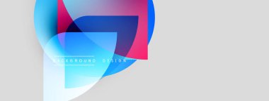 Soyut şekiller örtüşüyor, canlı renk değişimleri yaratıyor. Metin elementli minimalist tasarım. Açık gri arkaplan karşıtlık sağlar.