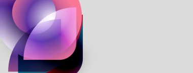 Soyut şekiller örtüşür, canlı renk karışımları yaratır. Yumuşak eğimler akıcılığı, modern tasarım estetiğini akla getiriyor. Minimalist kompozisyon.