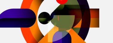 Soyut geometrik bileşim. Üst üste binen şekiller, dinamik görsel ilgi yaratır. Renkler arasında turuncu, mor, beyaz, yeşil, kırmızı yer alıyor. Modern tasarım.