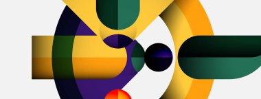 Üst üste binen daireler, canlı renkler, dinamik şekiller içeren soyut kompozisyon. Modern tasarım, temiz estetik, görsel uyum.