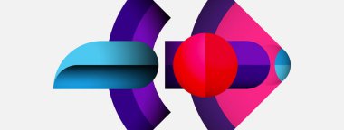 Soyut geometrik şekiller örtüşüyor, canlı renk eğimleri yaratıyor. Kompozisyonda beyaz arka planda maviler, pembeler ve morlar bulunur. Modern tasarım.