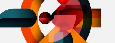 Soyut geometrik bileşim. Üst üste binen daireler, dikdörtgenler dinamik görsel efekt yaratır. Sıcak, serin renkler karşıtlığı, modern tasarım oluşturma.