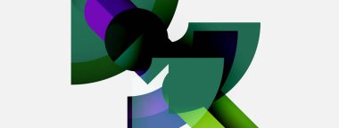 Soyut şekiller örtüşür, dinamik bileşim yaratır. Yeşiller ve morlar beyaz arka plana hakim. Modern tasarım elemanları.