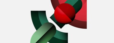 Soyut geometrik bileşim. Kırmızı küre yeşil, kestane rengi şekillerle kesişir. Minimalist tasarım, temiz çizgiler, beyaz arka plan. Modern estetik.