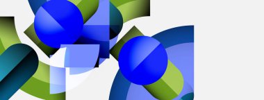 Soyut bileşim mavi küreler, yeşil şekiller, üst üste binen formlar içerir. Canlı renklere sahip minimalist tasarım, temiz estetik..